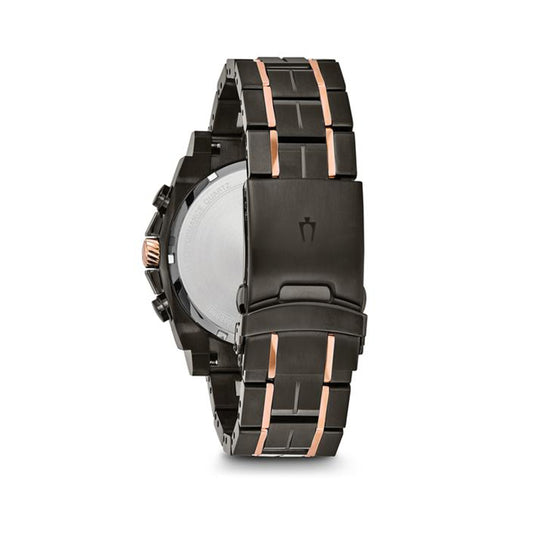 Bulova Precisionist Men's Two-Tone Black & Grey Dial Watch with Calendar Feature & Diamond Dial Accents in close-up detail