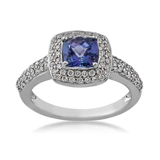 Cushion Tanzanite and 3/8 ct. tw. Diamond Halo Ring in 14K White Gold
