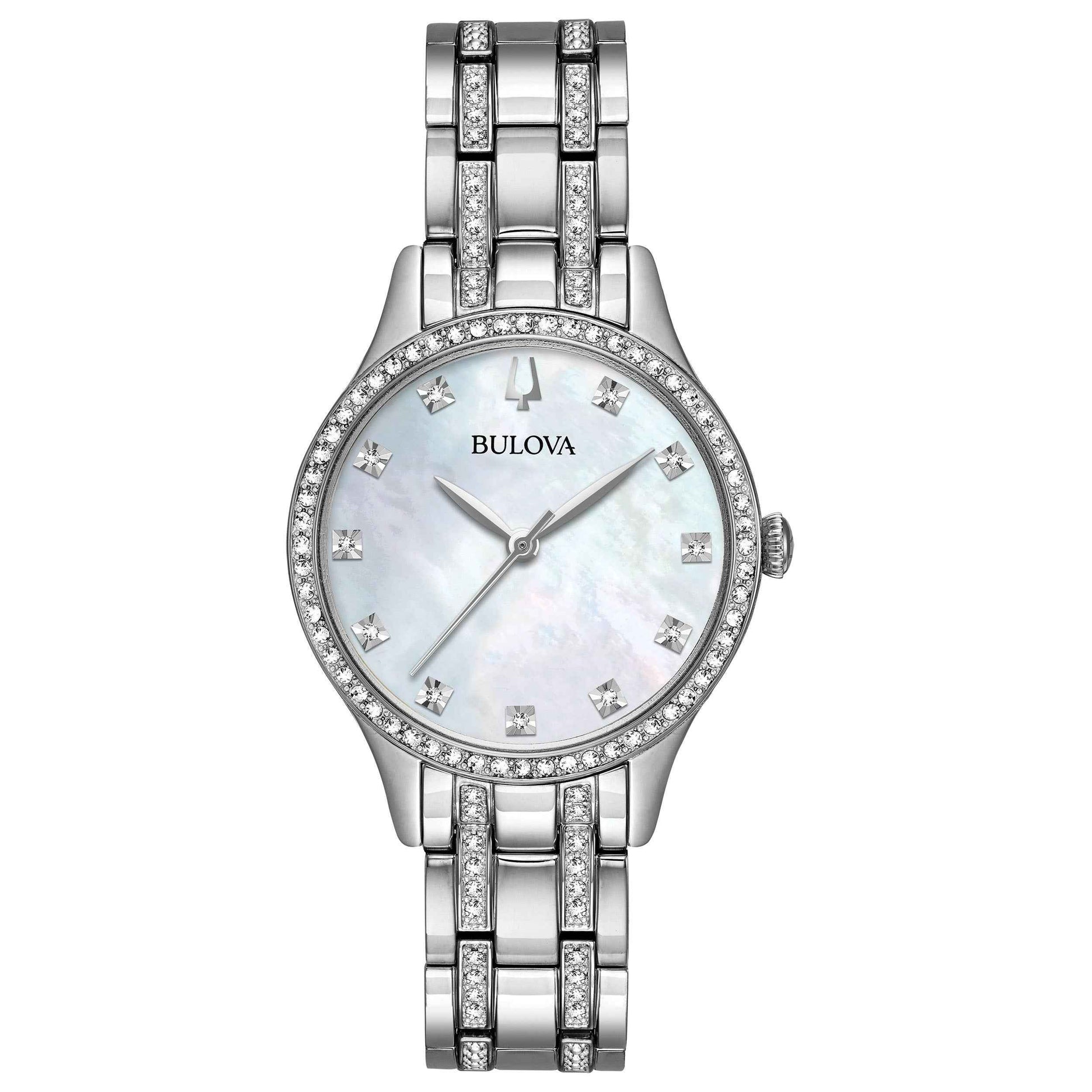 Bulova Ladies' Crystal Stainless Steel Watch Set with Mother-of-Pearl Dial and Set of 2 Bangle Bracelets