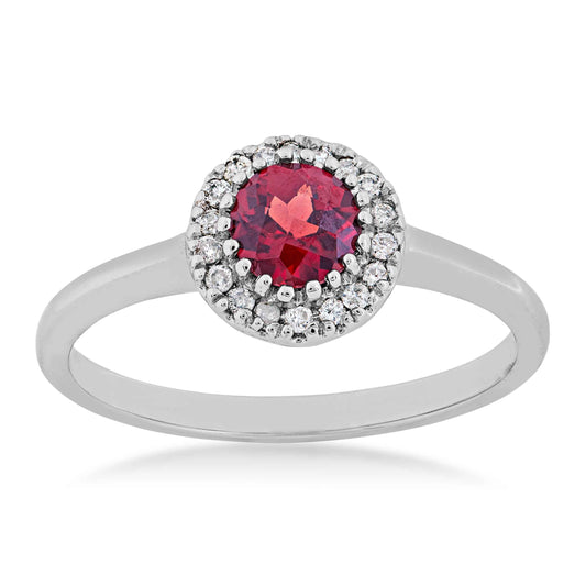 Genuine Round Garnet Ring with 1/10 ct. tw. Diamond Halo in 10K White Gold