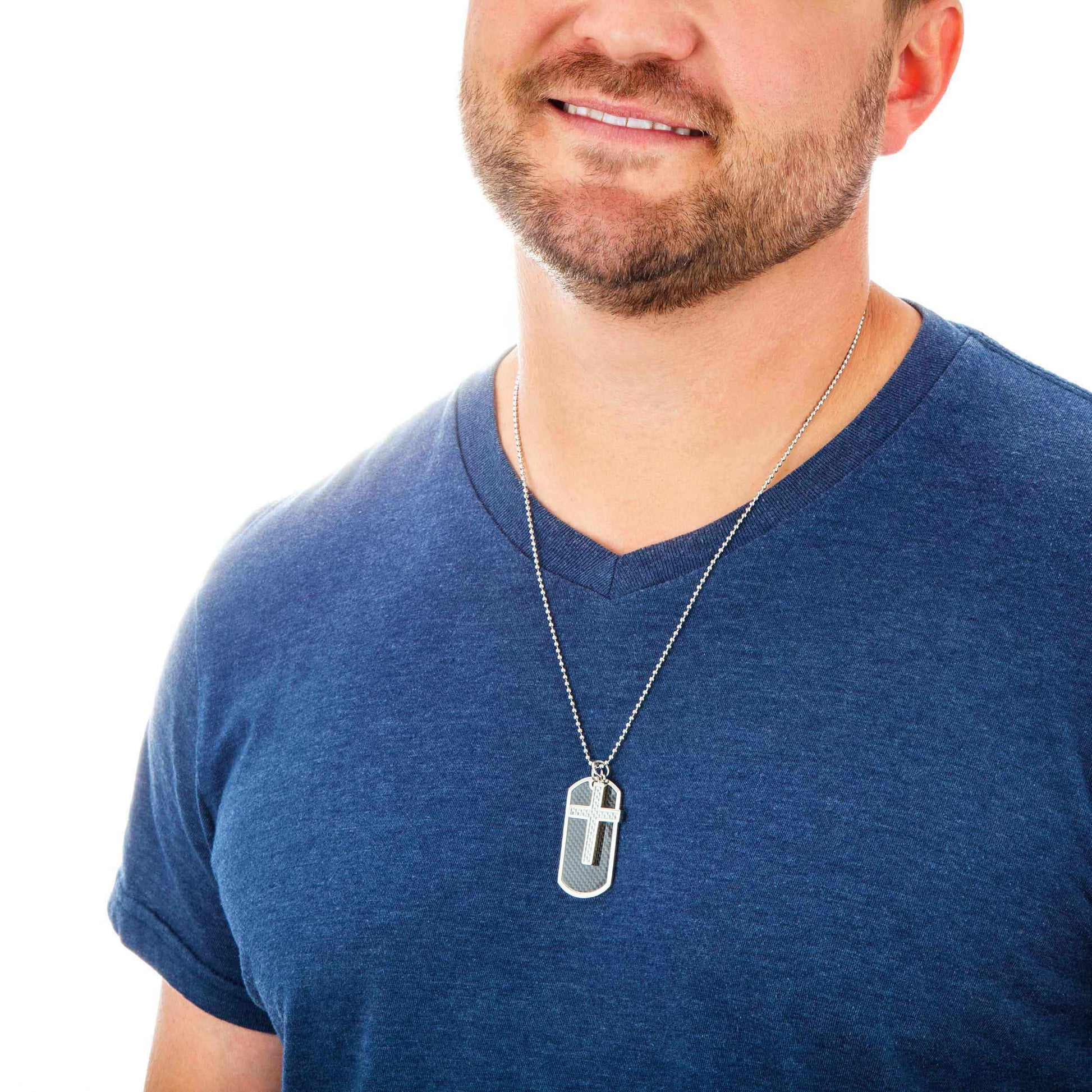 Men's Dog Tag and Cross Necklace in Stainless Steel close-up detail