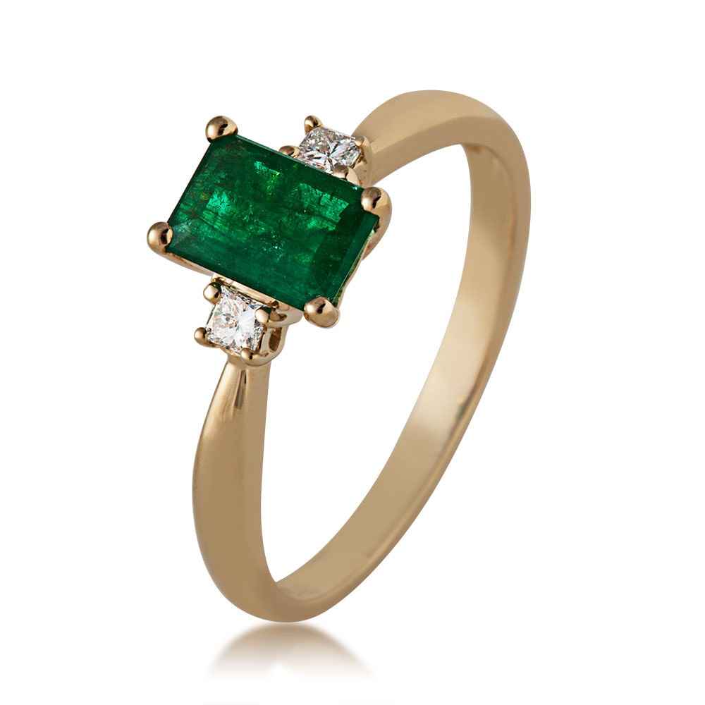 Genuine Emerald Cut Emerald Ring with 1/10 ct. tw. 2 Stone Diamond Accent in 14K Yellow Gold