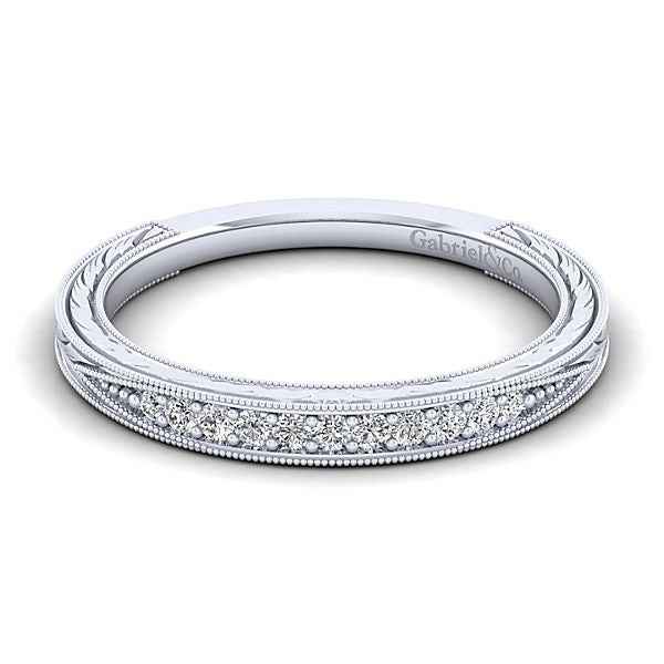 Gabriel & Co. .10 ct. tw. Vintage Style Wedding Band with Side Carving and Milgrain Detailing in 14K White Gold