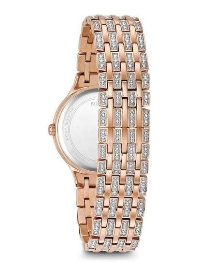 Bulova Crystal Collection Ladies' Watch in Pink Gold Toned Stainless Steel close-up detail