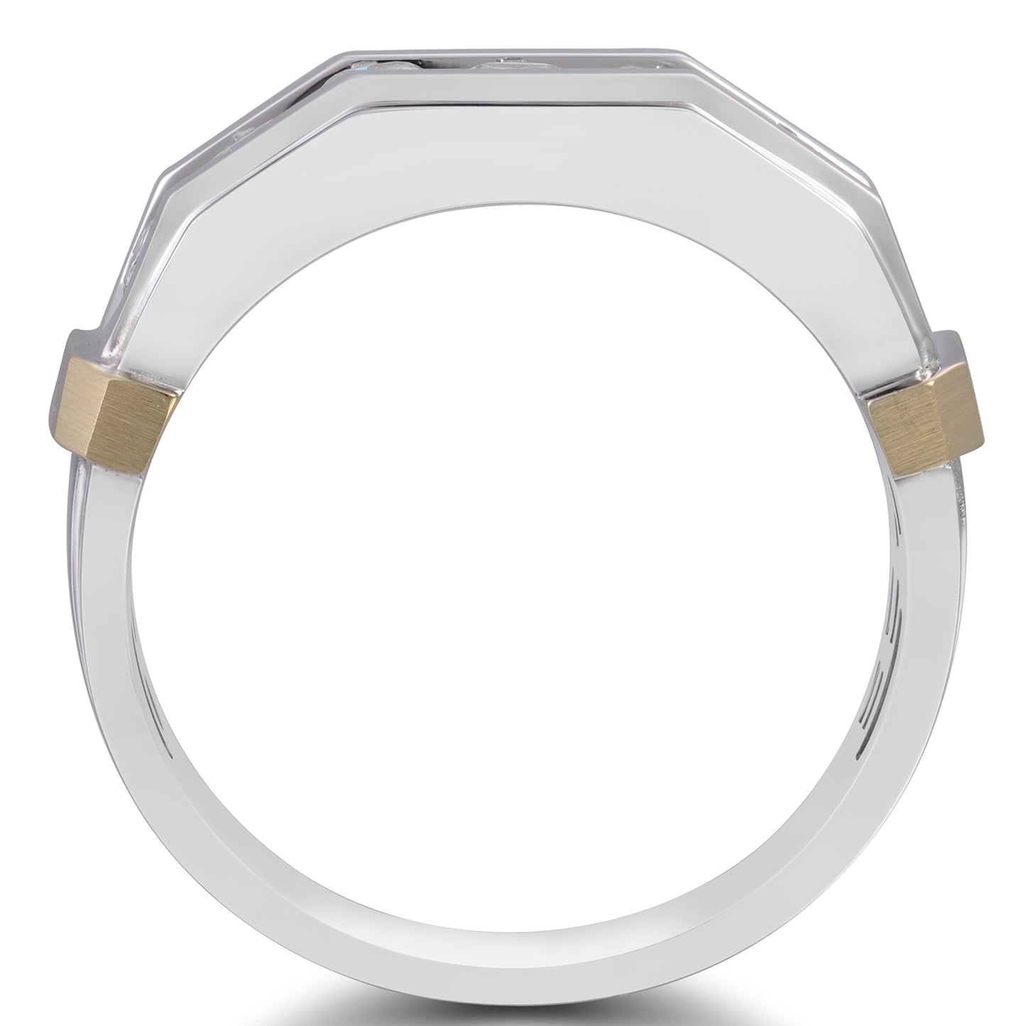 1 ct. tw. Men's Round Brilliant Channel-Set Diamond Hexagon Inspired Wedding Band in 10K White & Yellow Gold close-up detail