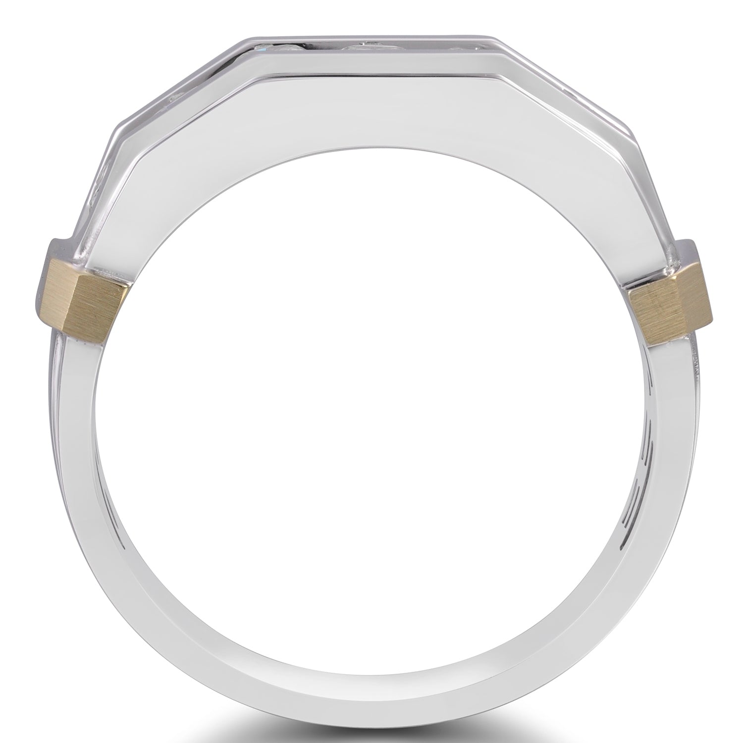 1 ct. tw. Men's Round Brilliant Channel-Set Diamond Hexagon Inspired Wedding Band in 10K White & Yellow Gold close-up detail