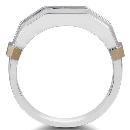 1 ct. tw. Men's Round Brilliant Channel-Set Diamond Hexagon Inspired Wedding Band in 10K White & Yellow Gold close-up detail