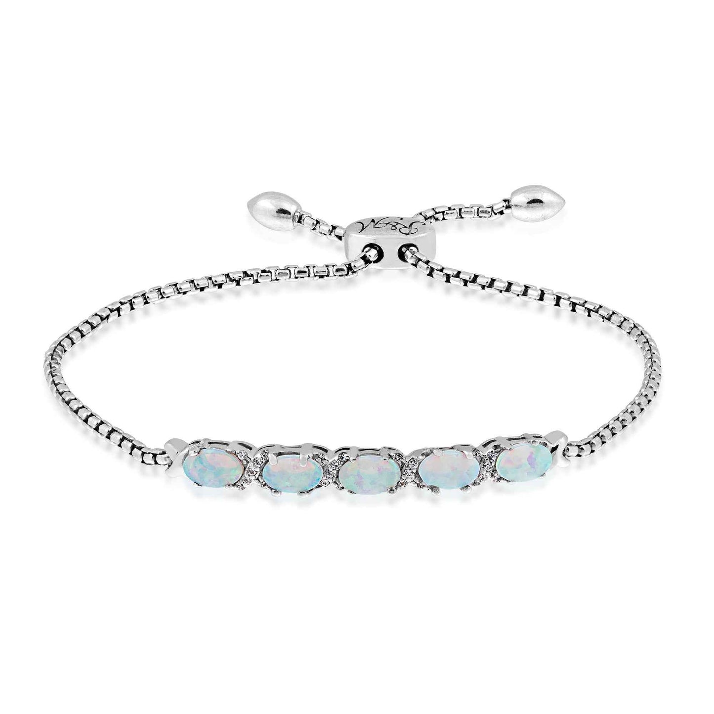 Created Oval Opal & White Sapphire Bolo Bracelet in Sterling Silver