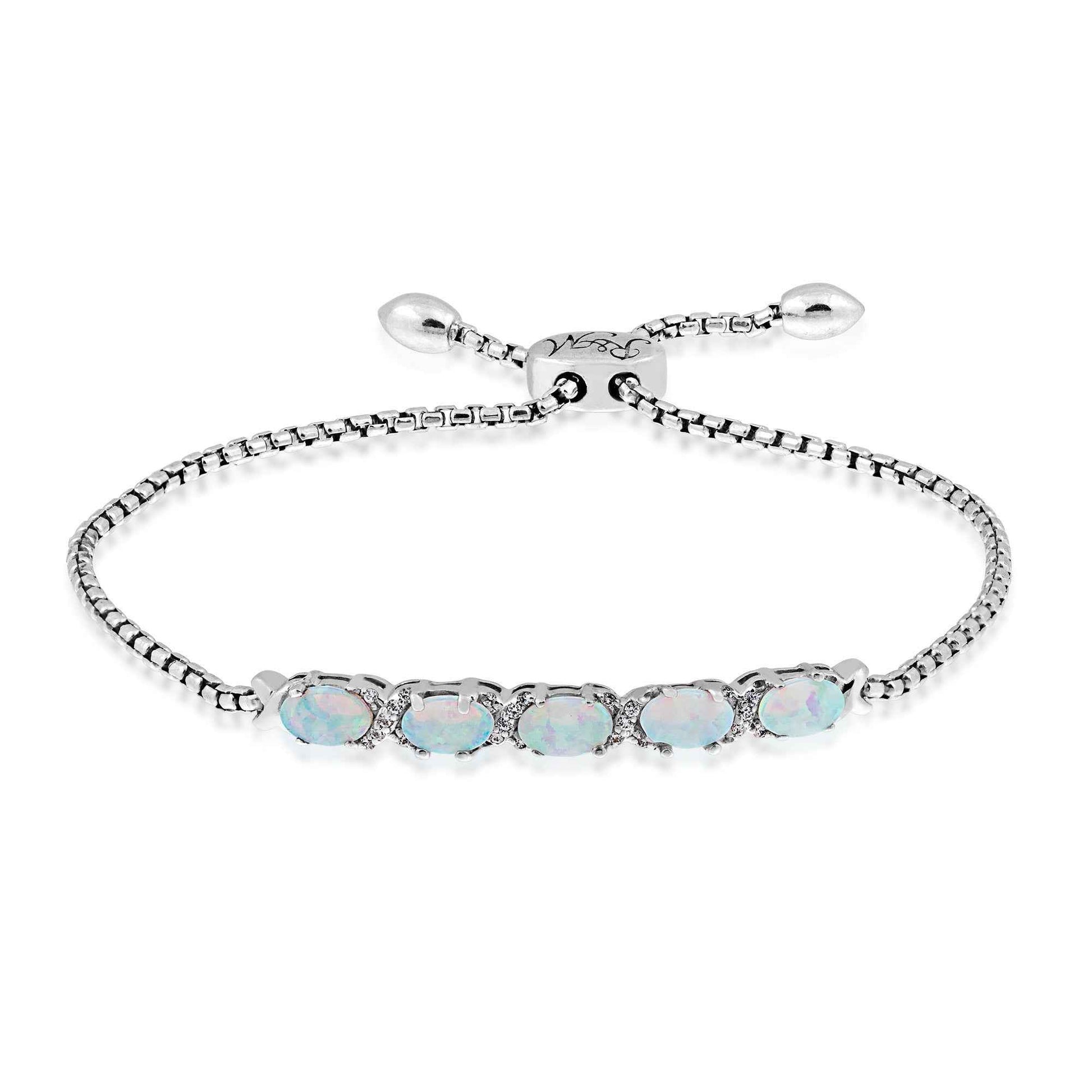 Created Oval Opal & White Sapphire Bolo Bracelet in Sterling Silver