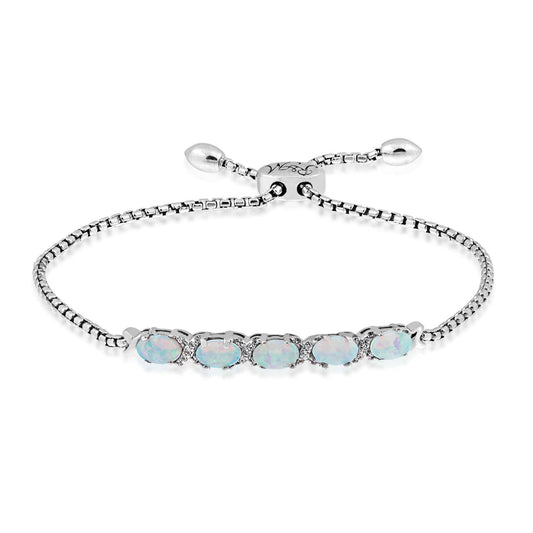 Created Oval Opal & White Sapphire Bolo Bracelet in Sterling Silver