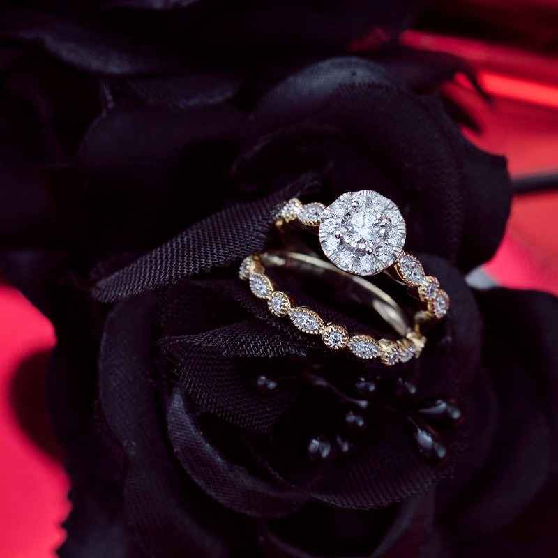 True Promise 1/2 ct. tw. Halo Milgrain Wedding Set in 10K Yellow & White Gold close-up detail