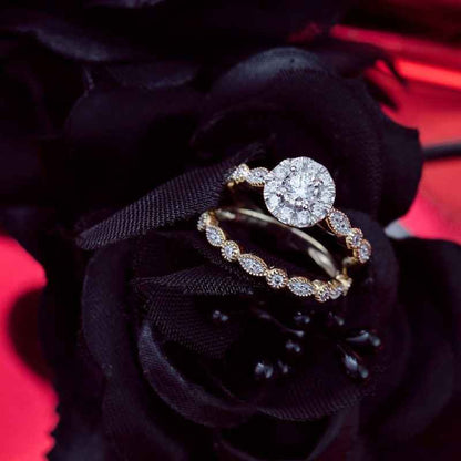 True Promise 1/2 ct. tw. Halo Milgrain Wedding Set in 10K Yellow & White Gold close-up detail