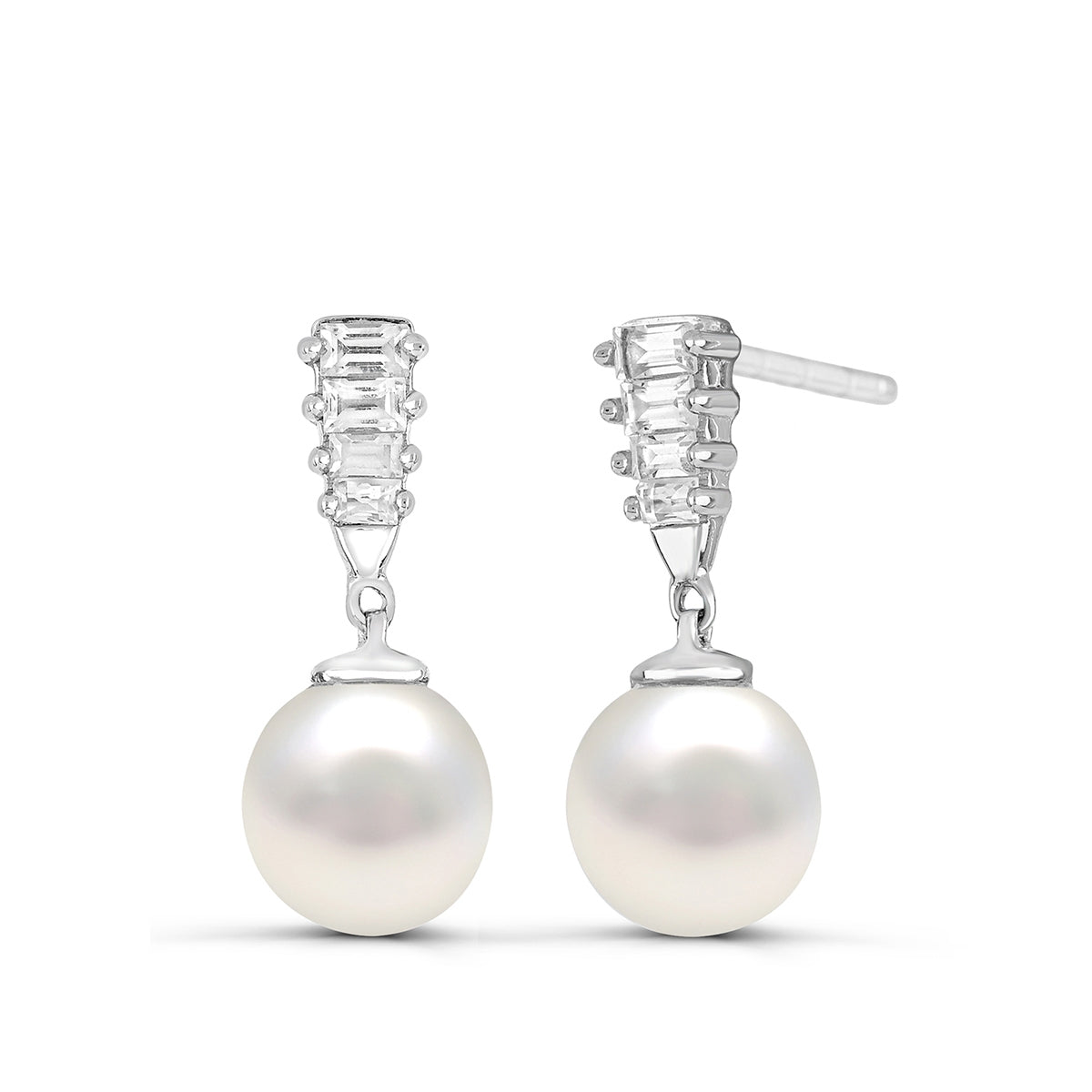 Cultured Freshwater Pearl & Created Baguette White Sapphire Drop Earrings in Sterling Silver