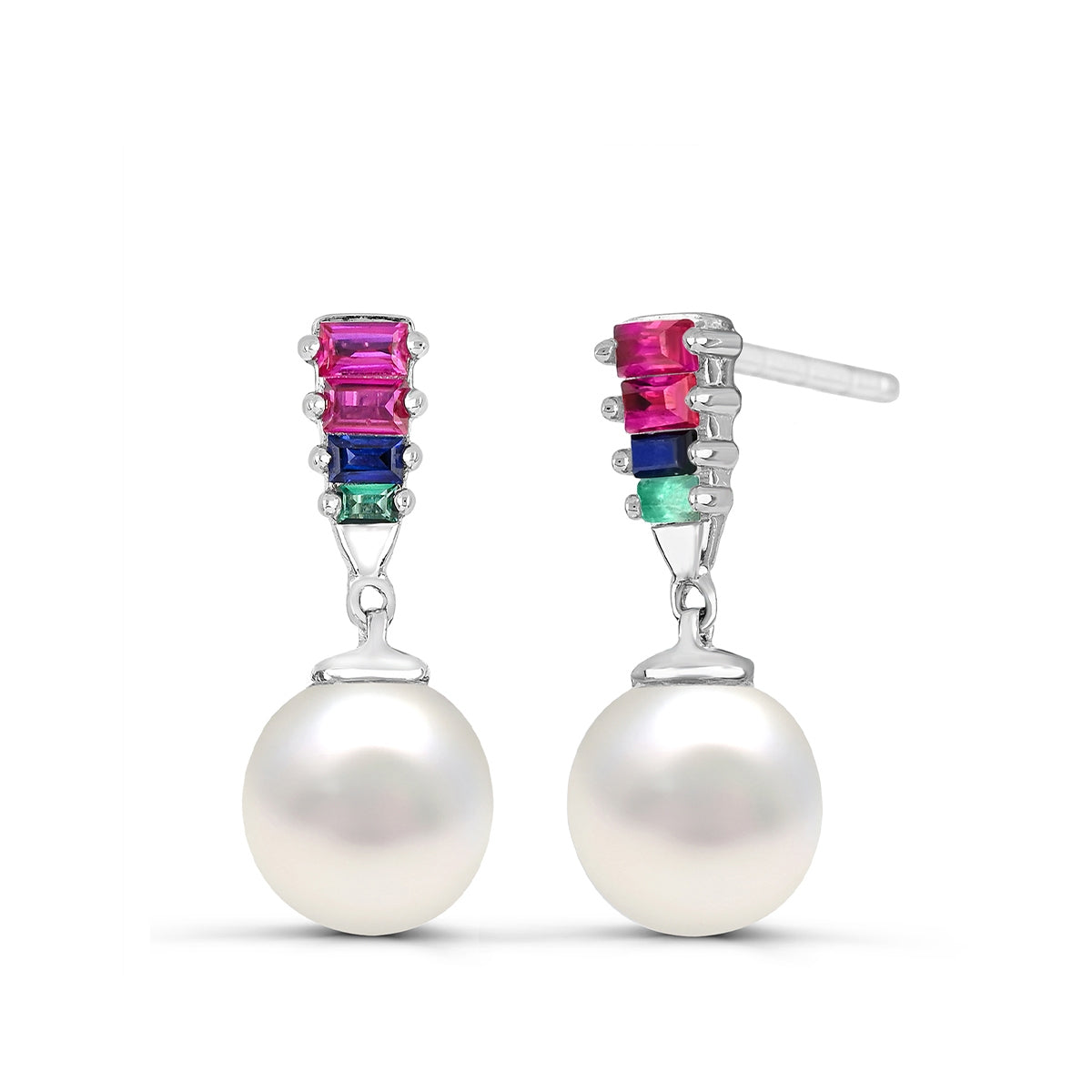 Cultured Freshwater Pearl & Baguette Ruby, Sapphire, & Emerald Drop Earrings in Sterling Silver