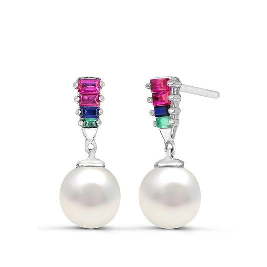 Cultured Freshwater Pearl & Baguette Ruby, Sapphire, & Emerald Drop Earrings in Sterling Silver