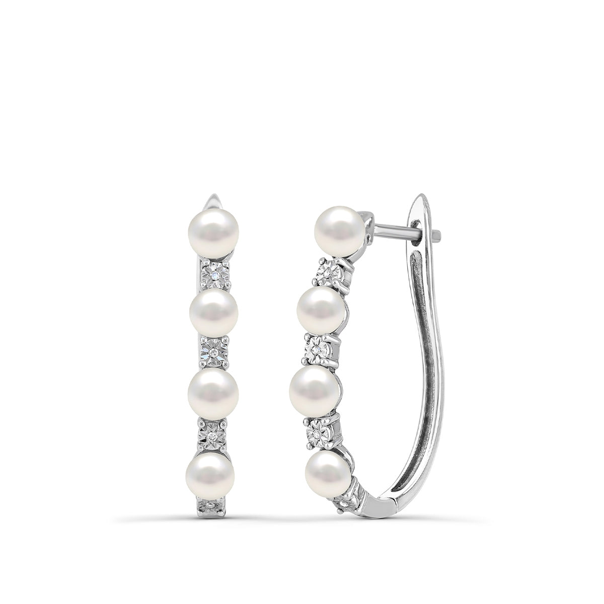 Cultured Freshwater Pearl & Created White Sapphire Alternating Hoop Earrings in Sterling Silver