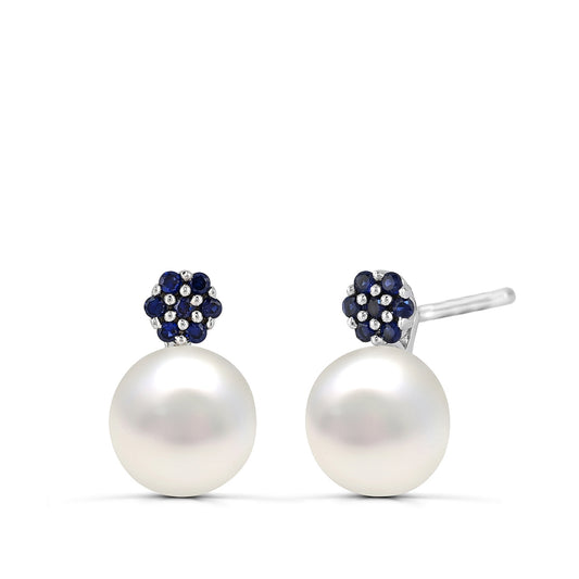 Cultured Freshwater Pearl & Created Sapphire Floral Earrings in Sterling Silver