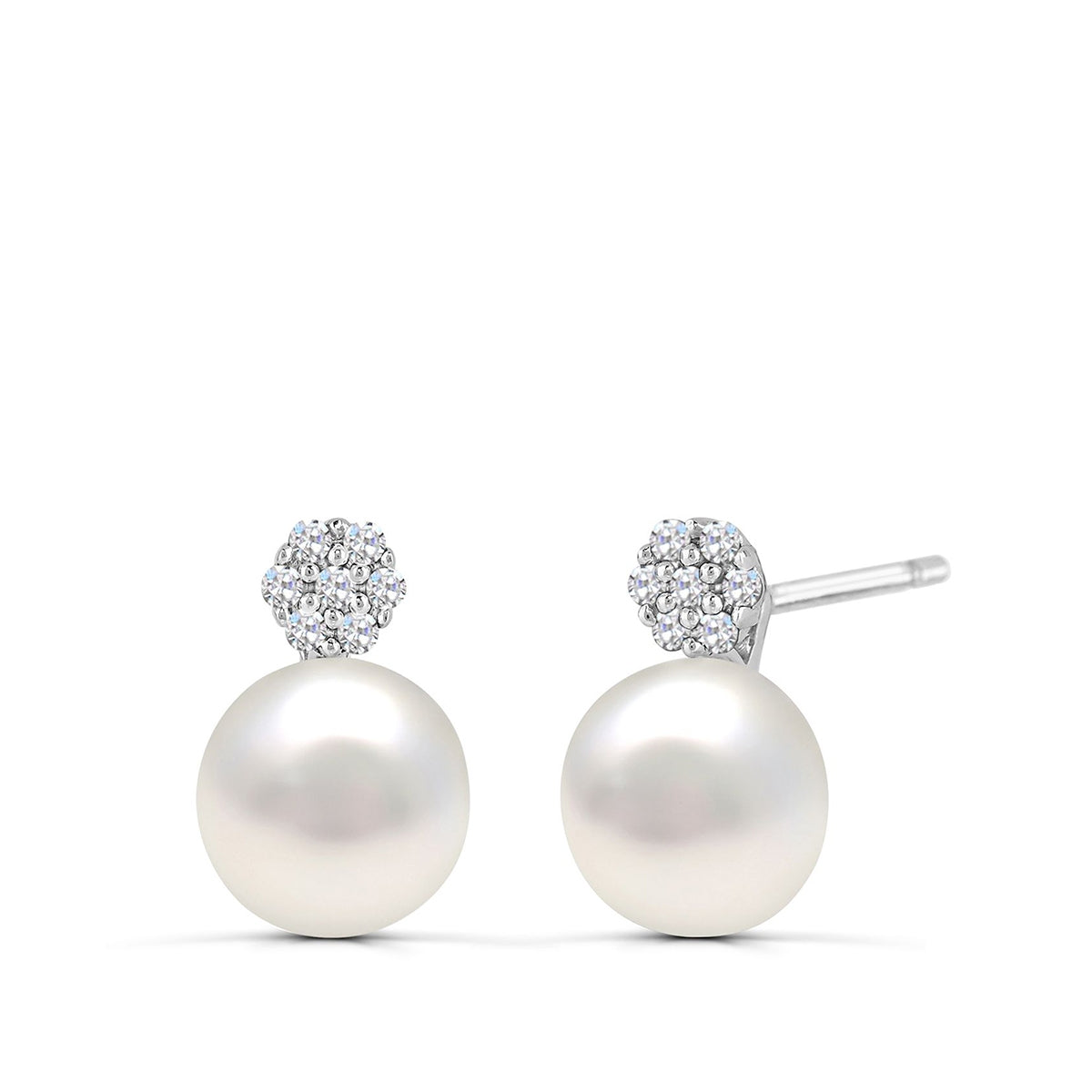 Cultured Freshwater Pearl & Created White Sapphire Cluster Earrings in Sterling Silver