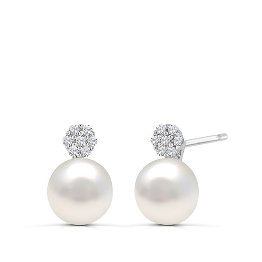 Cultured Freshwater Pearl & Created White Sapphire Cluster Earrings in Sterling Silver