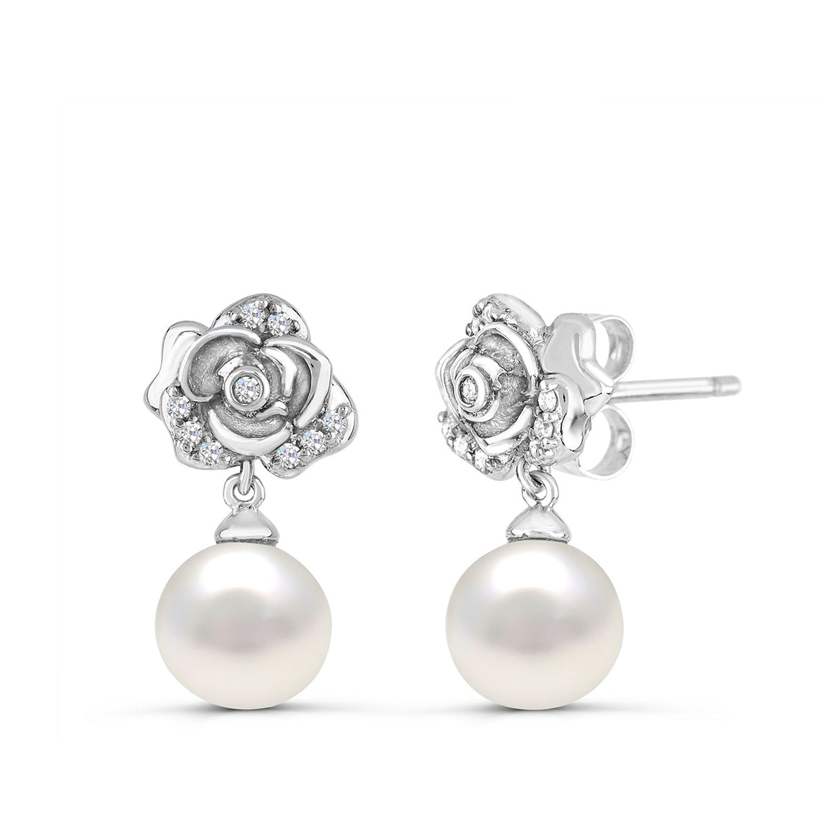 Cultured Freshwater Pearl & 1/10 ct. tw. Diamond Rose Drop Earrings in Sterling Silver