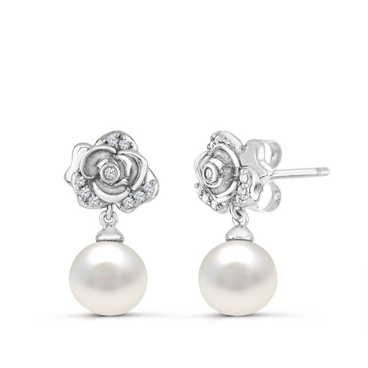 Cultured Freshwater Pearl & 1/10 ct. tw. Diamond Rose Drop Earrings in Sterling Silver