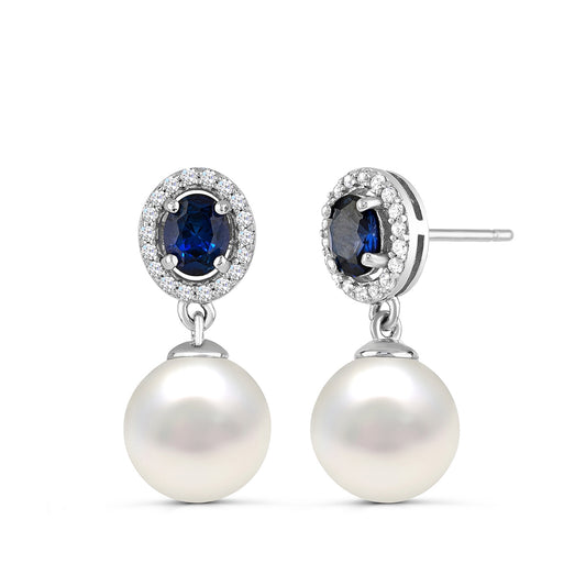 Cultured Freshwater Pearl & Created Oval Blue & White Sapphire Halo Dangle Earrings in Sterling Silver