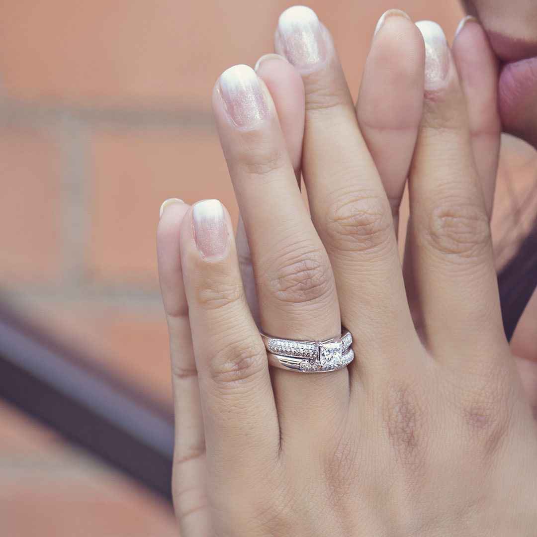 Timeless Collection 1-1/4 ct. tw. Princess Cut Wedding Set with Pave Bands in 14K White Gold side profile