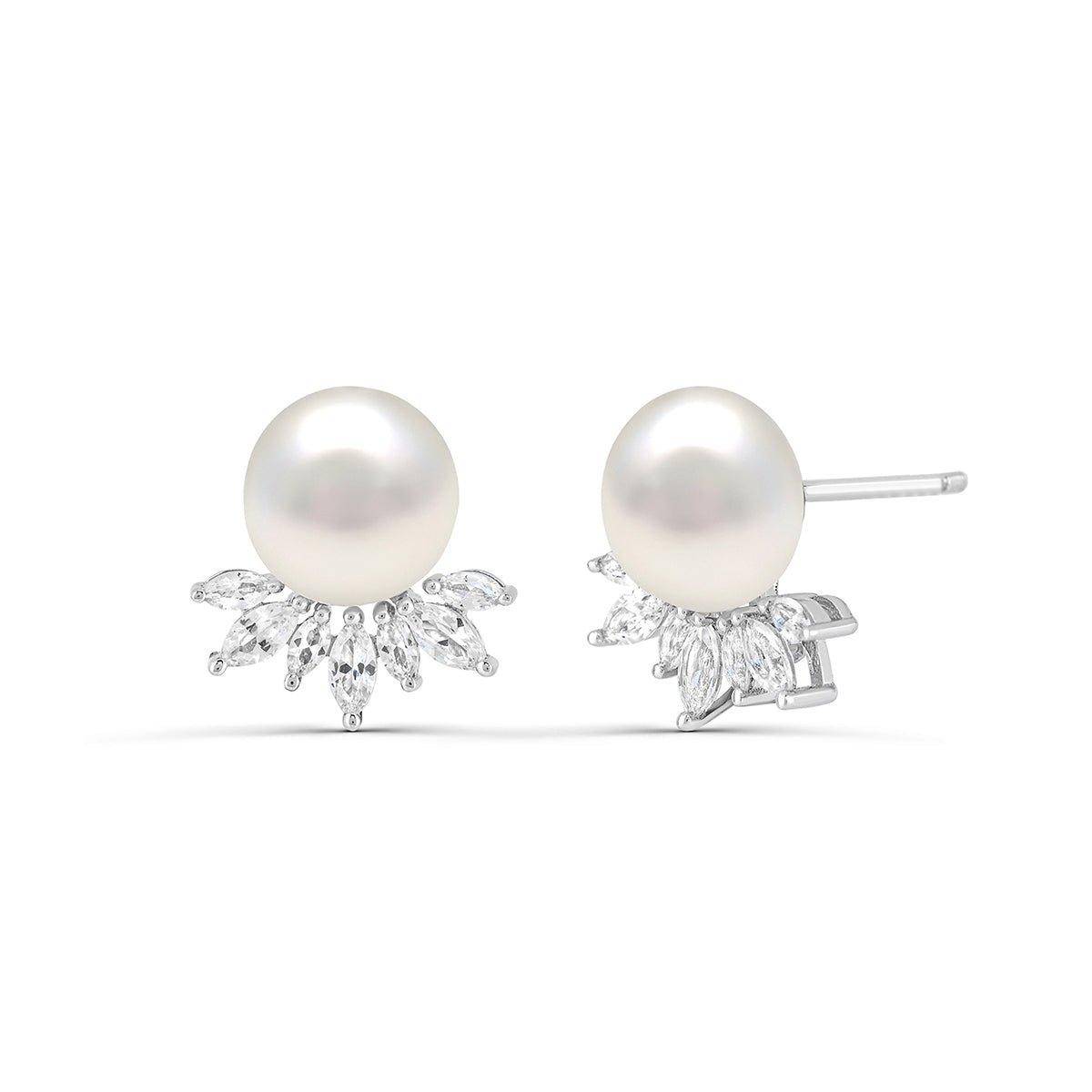 Cultured Freshwater Pearl & Created Marquise White Sapphire Earrings in Sterling Silver