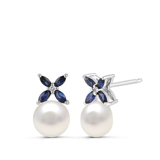 Cultured Freshwater Pearl & Created Marquise Sapphire Earrings in Sterling Silver