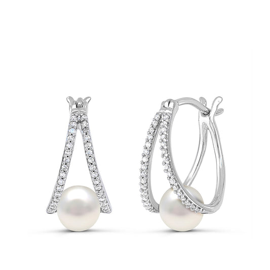 Cultured Freshwater Pearl & 1/6 ct. tw. Diamond Split Hoop Earrings in Sterling Silver