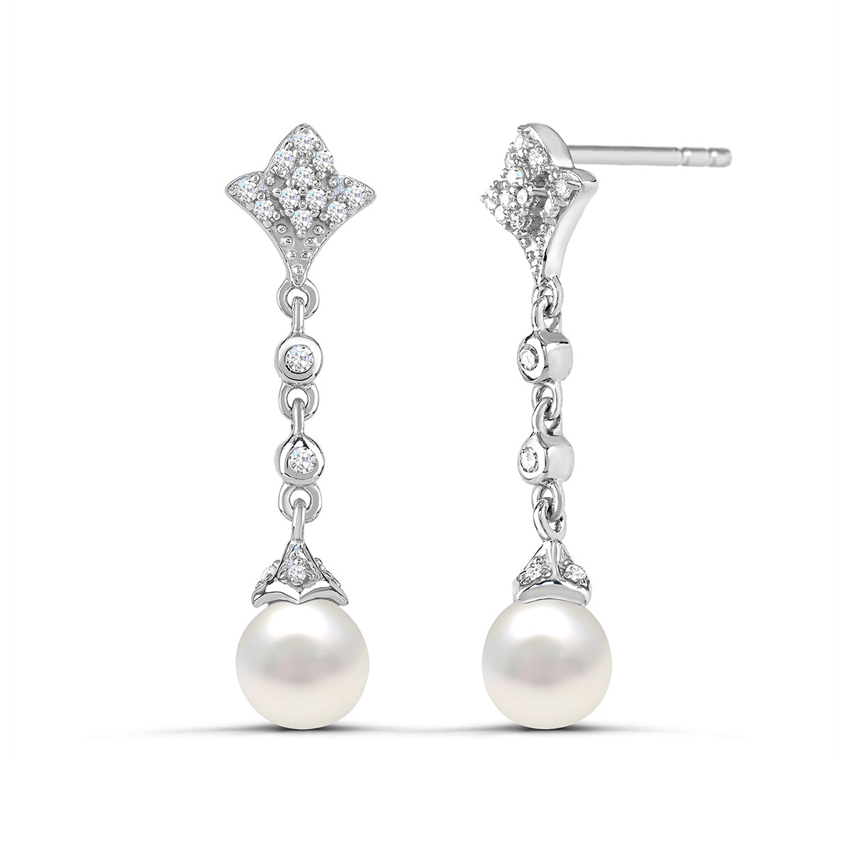 Cultured Freshwater Pearl & 1/8 ct. tw. Diamond Floral Dangle Earrings in Sterling Silver
