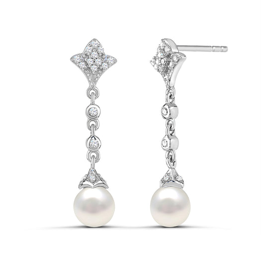 Cultured Freshwater Pearl & 1/8 ct. tw. Diamond Floral Dangle Earrings in Sterling Silver