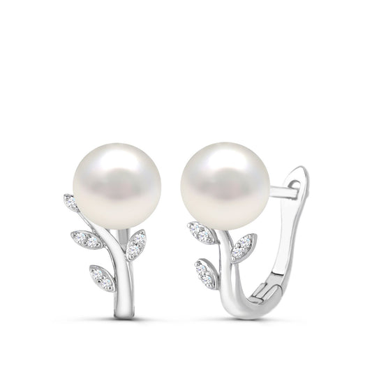 Cultured Freshwater Pearl & Diamond Accent Vine Hoop Earrings in Sterling Silver