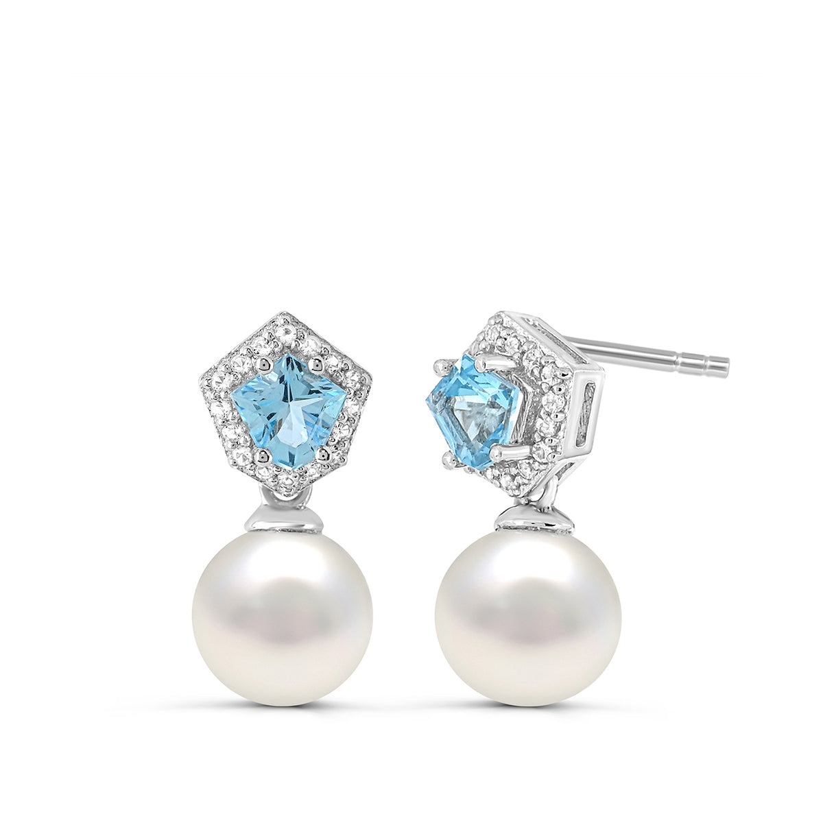 Cultured Freshwater Pearl & Swiss Blue & White Topaz Halo Dangle Earrings in Sterling Silver