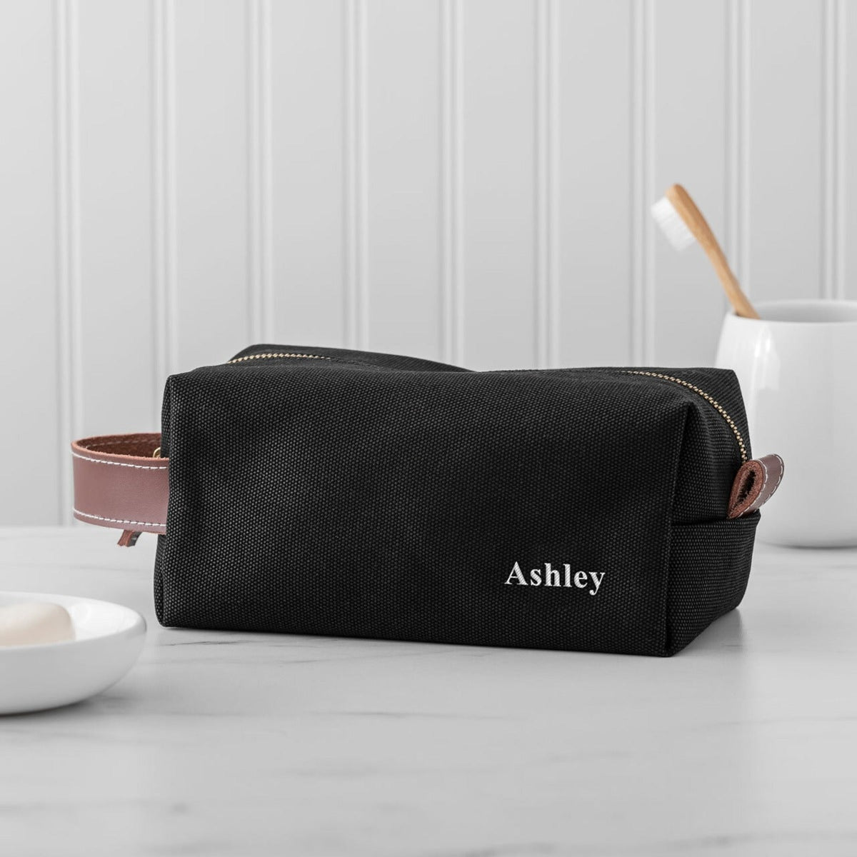Personalized Embroidered Waxed Canvas & Leather Dopp Kit (2)