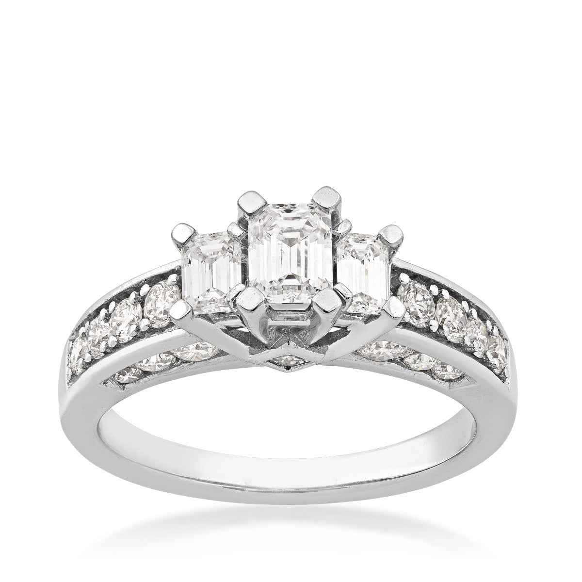 Timeless Collection 1-1/2ct. tw. Emerald Cut Diamond 3-Stone Engagement Ring with Prong-Set Diamond Sides in 14K White Gold