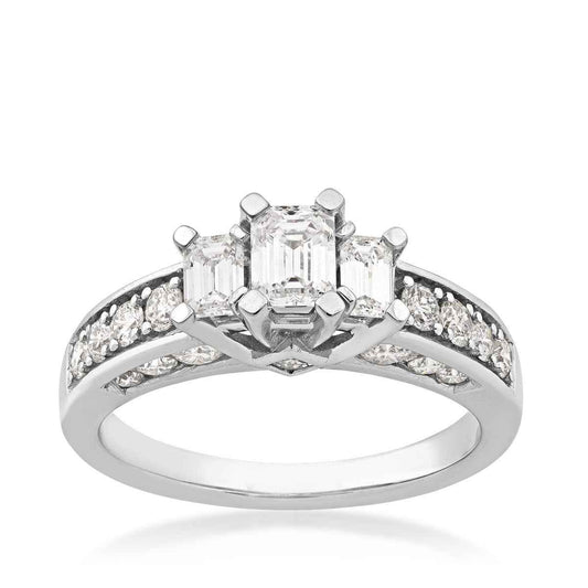 Timeless Collection 1-1/2ct. tw. Emerald Cut Diamond 3-Stone Engagement Ring with Prong-Set Diamond Sides in 14K White Gold
