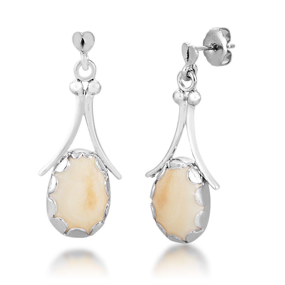 Ladies' Elk Ivory Cabochon Cut Dangle Earrings in Sterling Silver (2)