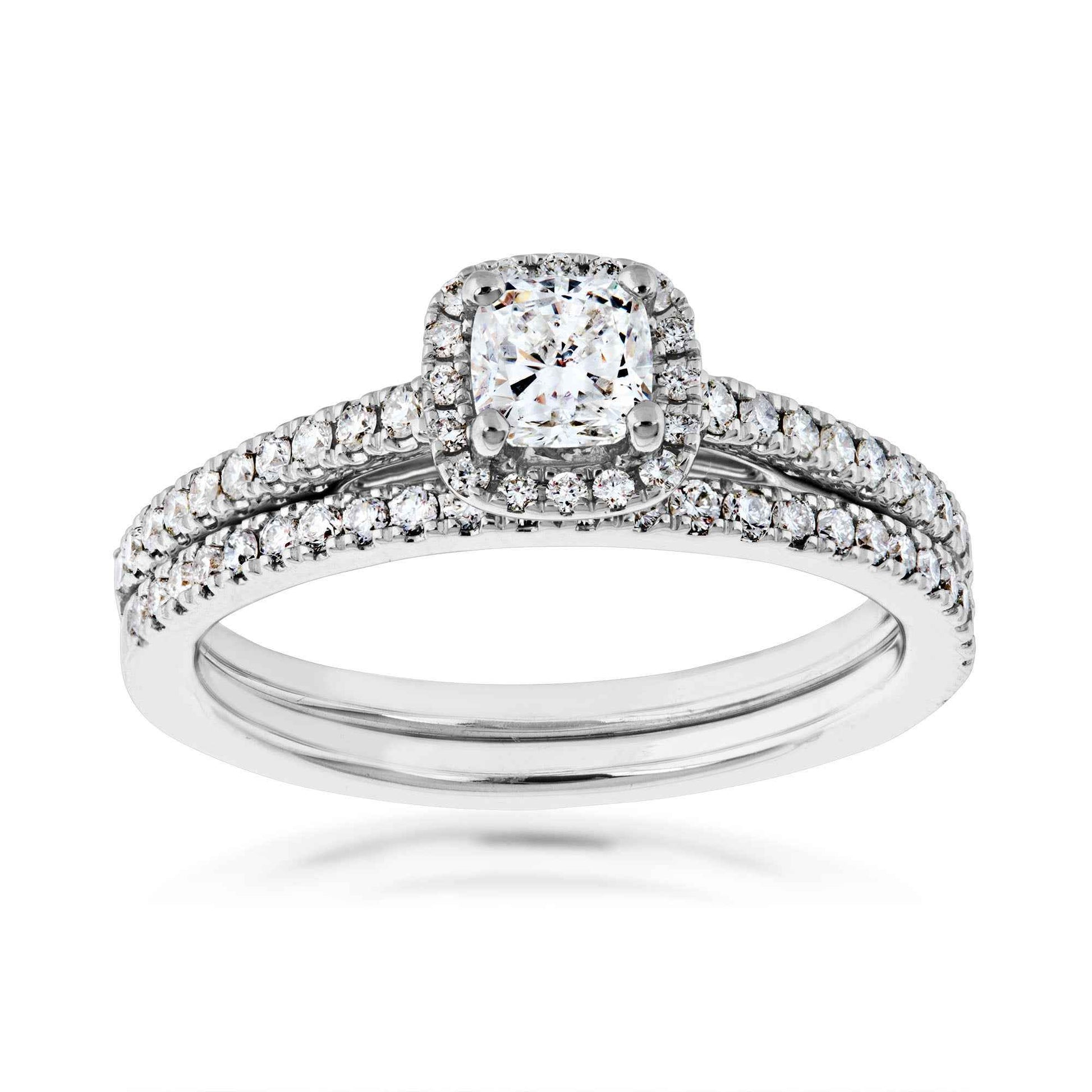 Natural 7/8 ct. tw. Cushion Diamond Halo Wedding Set in 14K White Gold