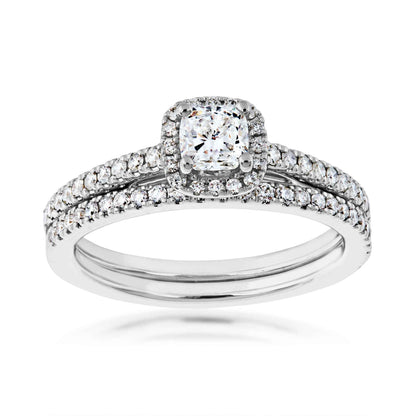 Natural 7/8 ct. tw. Cushion Diamond Halo Wedding Set in 14K White Gold