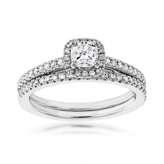 Natural 7/8 ct. tw. Cushion Diamond Halo Wedding Set in 14K White Gold