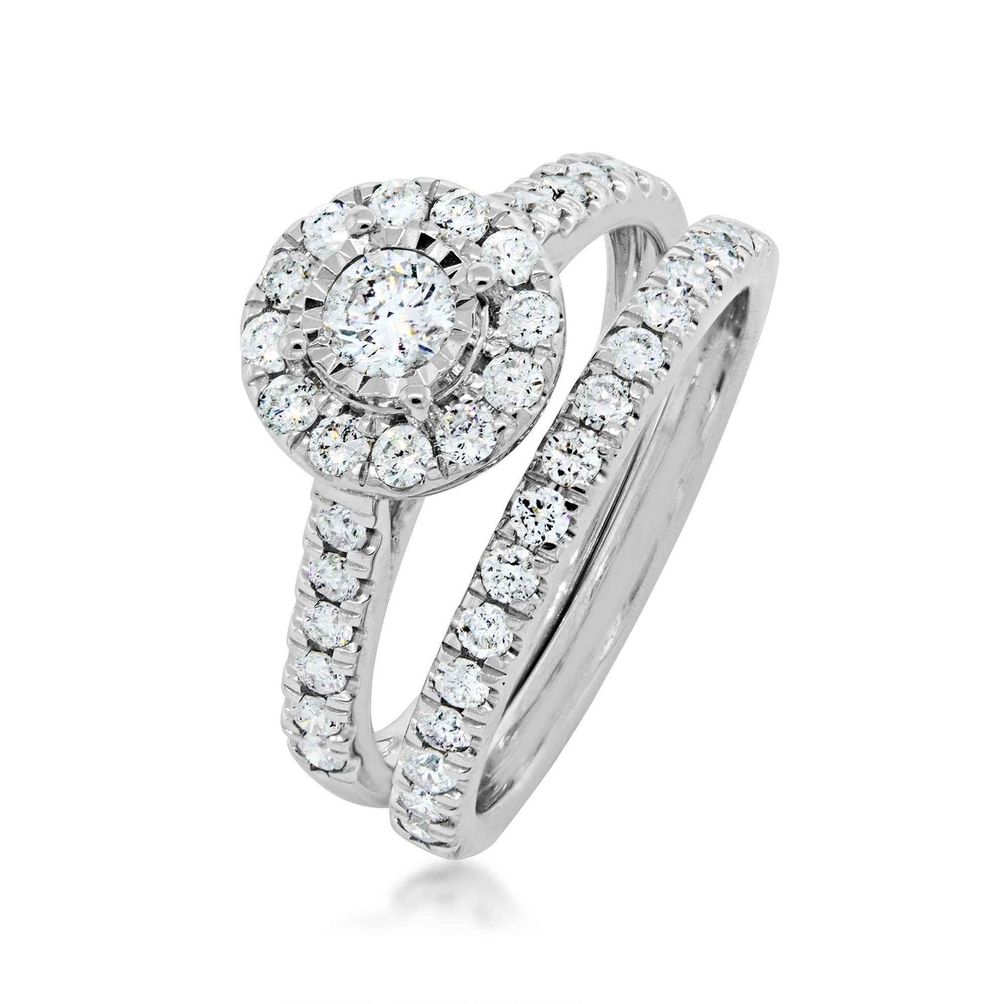 Natural 1 ct. tw. Round Brilliant Diamond Halo Wedding Set with Miracle Plate in 10K White Gold front view
