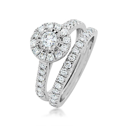 Natural 1 ct. tw. Round Brilliant Diamond Halo Wedding Set with Miracle Plate in 10K White Gold front view