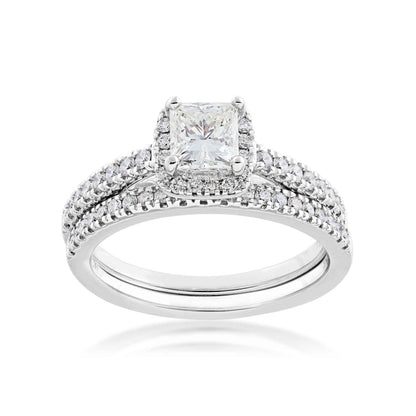 Noventa 1 1/4 ct. tw. Princess Cut Diamond Halo Wedding Set with Undercarriage Cutout in 14K White Gold