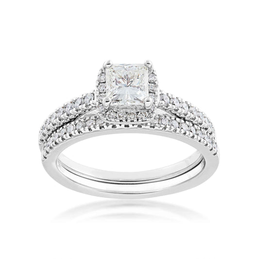 Noventa 1 1/4 ct. tw. Princess Cut Diamond Halo Wedding Set with Undercarriage Cutout in 14K White Gold
