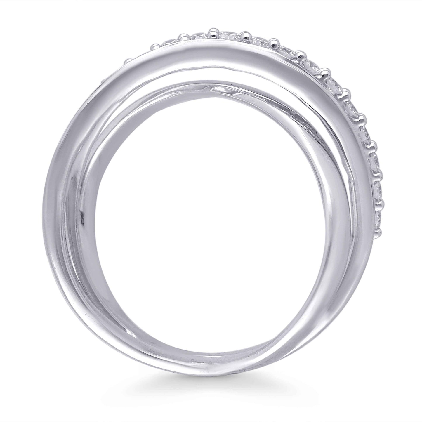 Kallati 1 ct. tw. Princess Cut, Baguette & Round Diamond Crossover Ring in 14K White Gold close-up detail