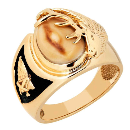 Men's Elk Ivory Arrowhead Ring with Black Enamel Accent in 10K Yellow Gold close-up detail