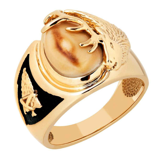 Men's Elk Ivory Arrowhead Ring with Black Enamel Accent in 10K Yellow Gold close-up detail