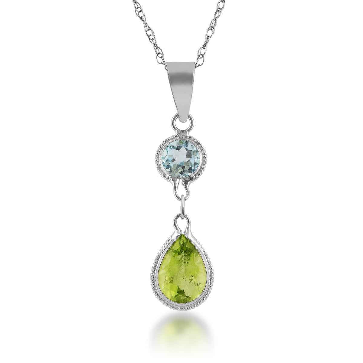 Pear Peridot and Round Blue Topaz Pendant in 14K White Gold