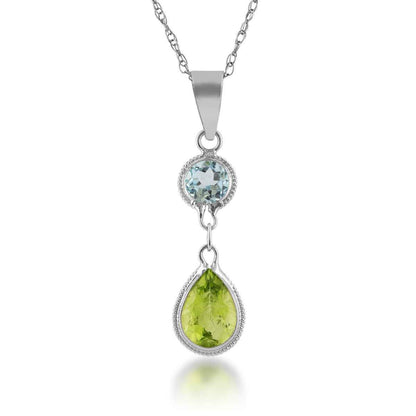 Pear Peridot and Round Blue Topaz Pendant in 14K White Gold